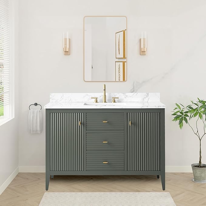HOMEBEYOND 48" Bathroom Vanity with Sink, Solid Wood Bathroom Vanity Free-Standing Cabinet, Drawers, Ceramic Top & Soft Closing Door, Golden Brushed Handware, Vintage Green