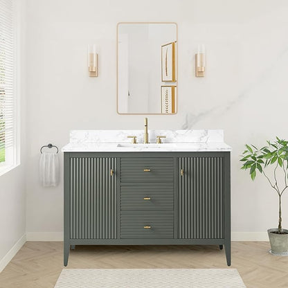 HOMEBEYOND 48" Bathroom Vanity with Sink, Solid Wood Bathroom Vanity Free-Standing Cabinet, Drawers, Ceramic Top & Soft Closing Door, Golden Brushed Handware, Vintage Green