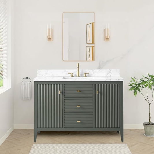 HOMEBEYOND 48" Bathroom Vanity with Sink, Solid Wood Bathroom Vanity Free-Standing Cabinet, Drawers, Ceramic Top & Soft Closing Door, Golden Brushed Handware, Vintage Green