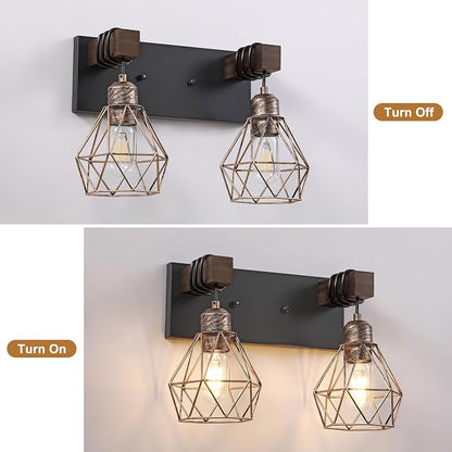 maesta Bathroom Vanity Light, 2 Light Farmhouse Fixture Over Mirror | Farmhouse Bathroom Light Fixtures, Wood & Metal, Black Gold, Anti-Rust Easy to Install for Rustic Bathroom Hallway