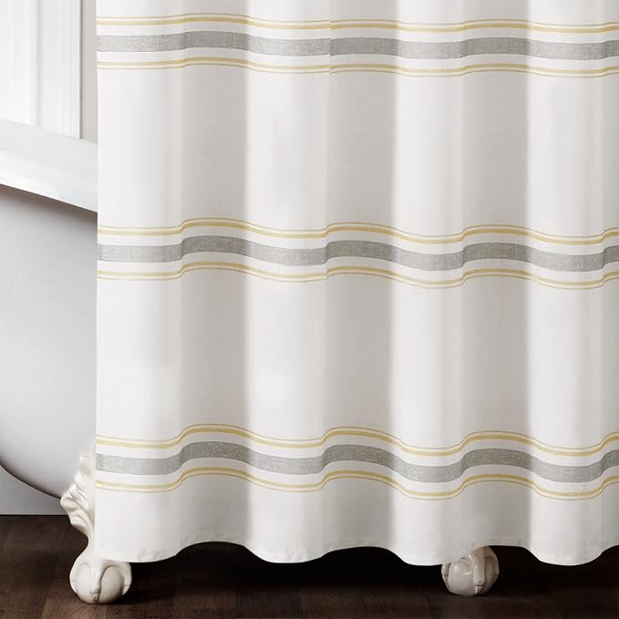 Lush Decor Farmhouse Stripe Cotton Shower Curtain, 72" W x 72" L, Yellow & Gray - Striped Bathroom Curtain - Fabric Shower Curtains - Farmhouse Bathroom Decor