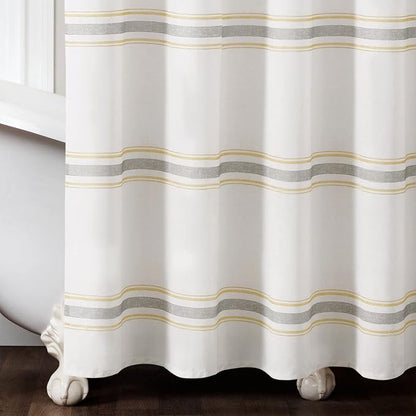 Lush Decor Farmhouse Stripe Cotton Shower Curtain, 72" W x 72" L, Yellow & Gray - Striped Bathroom Curtain - Fabric Shower Curtains - Farmhouse Bathroom Decor