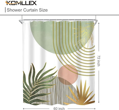 Mid Century Boho Abstract Green Modern Red Bathroom Shower Curtain Set | 60Wx72H Sun Arch design, waterproof HD print with fast-drying fabric and 12 hooks.