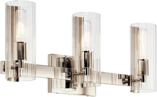 Kichler Jemsa 3 Light Vanity, Modern Light with Clear Fluted Glass in Polished Nickel for Bathroom or Powder Room (9.75" x 22.75"), 55168PN