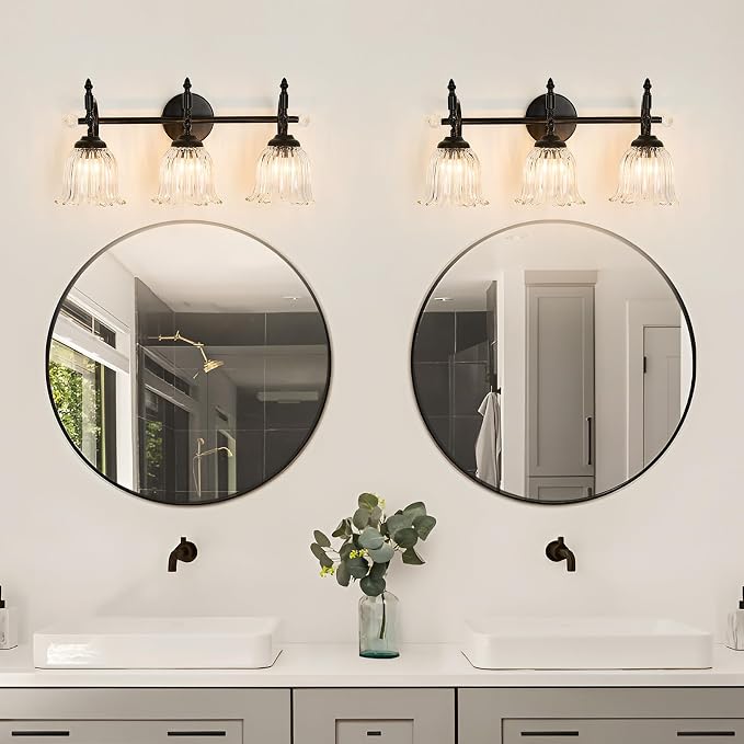 CVKASH 3-Light Bathroom Vanity Light Fixtures Over Mirror,Black Modern Vanity Light with Glass Shade Vintage Wall Sconce for Bedroom Dressing Room Living Room Hallway Cabinet