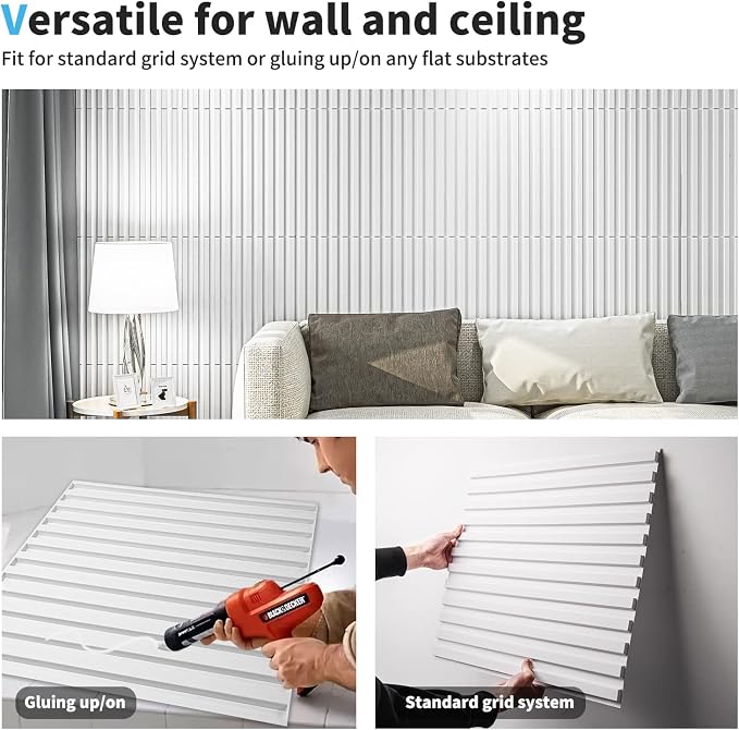 Art3d 3D Fluted Textured Slat Wall Panels, 19.7 x 19.7 in, 12-Pack, White | PVC, Waterproof, Scratch Proof, Wipeable, Break-Proof, Ideal for Home, Office and Commercial Spaces