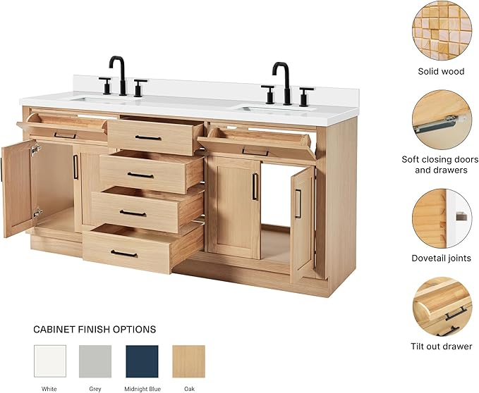 ARIEL Hepburn 72-inch Bathroom Vanity with Sink,Solid Wood, 1.5-inch Pure White Quartz Countertop, Double Rectangular Porcelain Sink, 4 Soft Closing Doors, 6 Dovetail Drawers, White Oak