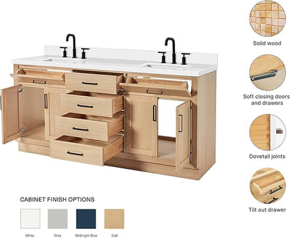 ARIEL Hepburn 72-inch Bathroom Vanity with Sink,Solid Wood, 1.5-inch Pure White Quartz Countertop, Double Rectangular Porcelain Sink, 4 Soft Closing Doors, 6 Dovetail Drawers, White Oak