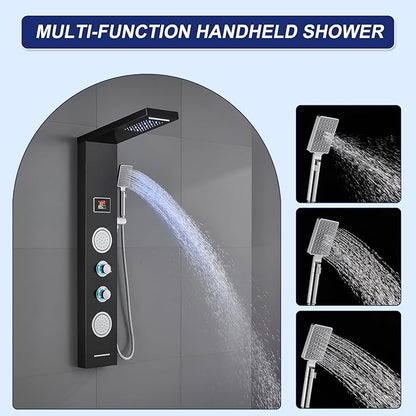 ROVATE LED Shower Panel Tower System - Rainfall Waterfall Shower, Round Body Jets, Handheld and Tub Spout, Digital Temp-Display, LED Knob, No Battery Needed 5-in-1 Stainless Steel Shower Column Black