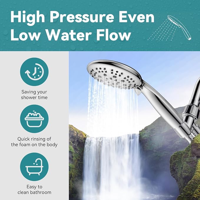 JDO High Pressure Handheld Shower Head, 6 Spray Settings, 4.3" High Flow Hand Shower Set with 59" Stainless Steel Hose and Adjustable Bracket for Bathroom Gym Hotel