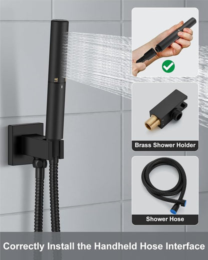 Aolemi Shower System with Tub Spout and Valve Matte Black | 10-Inch Square Wall Mounted Rainfall Shower Head and Handheld,3-Function Bathtub Shower Faucet Set