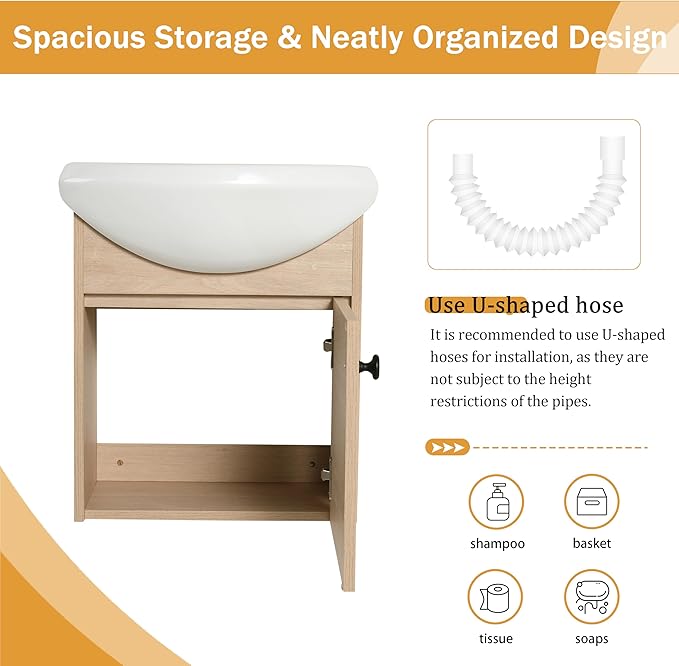 Malwee 18" Floating Bathroom Vanity with Sink, 18 Inch Wall Mounted Bathroom Cabinet Single Sink Combo, with 1 Soft Close Door and White Ceramic Basin Top for Small Space, Space-Saving Design (023-18)