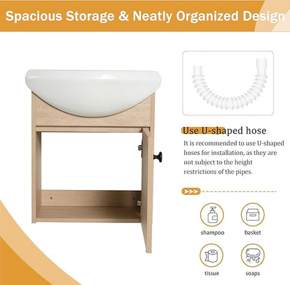 Malwee 18" Floating Bathroom Vanity with Sink, 18 Inch Wall Mounted Bathroom Cabinet Single Sink Combo, with 1 Soft Close Door and White Ceramic Basin Top for Small Space, Space-Saving Design (023-18)