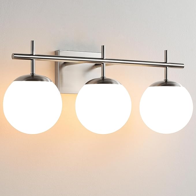 Bathroom Light Fixtures over Mirror, 3-Light Brushed Nickel Vanity Lights for Bathroom, Mid-Century Modern Vanity Light with Milky White Globe Glass Shades, 22.4 Inch Sconces Wall Lighting for Bath