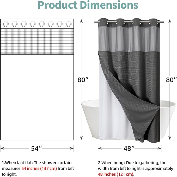 No Hook Waffle Shower Curtain with Snap-in Liner, 54x80 Inch, Charcoal | 230GSM waffle weave fabric, waterproof liner set with 2 bottom magnets, mesh window, washable, for shower stalls or bathrooms