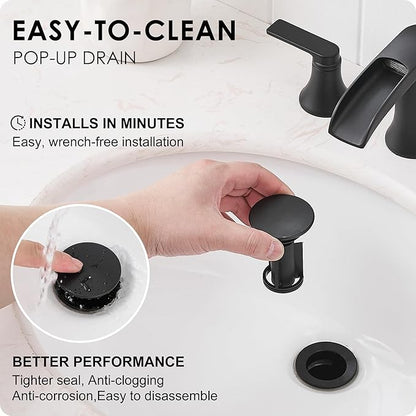 Matte Black Widespread Bathroom Sink Faucet 3 Hole, 8 Inch Waterfall Faucet for Bathroom Sink with Pop-Up Drain and cUPC Supply Lines, 2 Handles for Vanity Lavatory Restroom, Brass Material