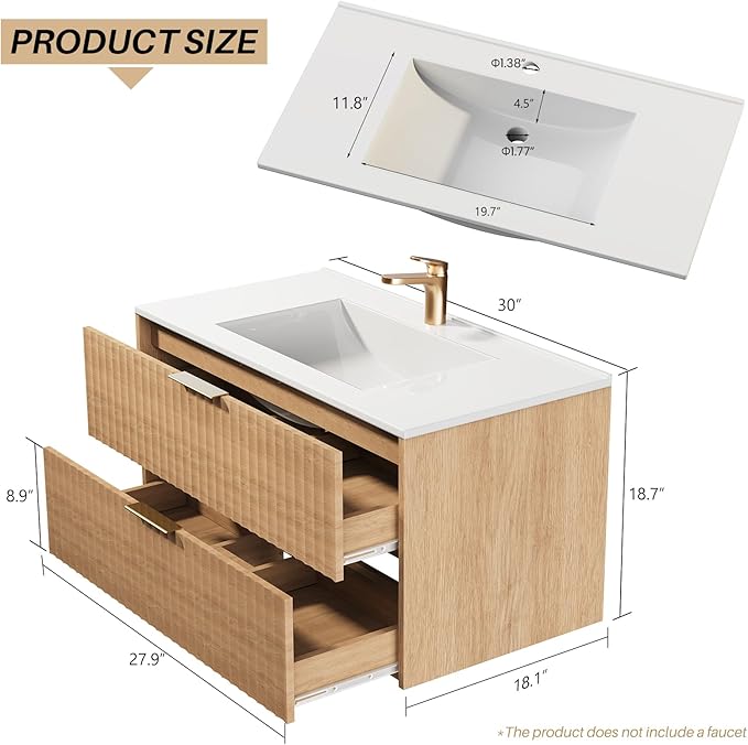 30 Inch Bathroom Vanity with Sink, Modern Floating Bathroom Vanity with Resin Sink, 2 Large Storage Darwers, Wood Grain Texture Wall Mounted Vanity, Gold Handles
