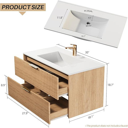 30 Inch Bathroom Vanity with Sink, Modern Floating Bathroom Vanity with Resin Sink, 2 Large Storage Darwers, Wood Grain Texture Wall Mounted Vanity, Gold Handles