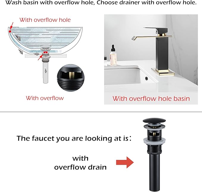 Black Gold Bathroom Faucets Waterfall Spout Basin Sink Faucet with Overflow Drain Assembly Single Handle Bathroom Vanity Sink Faucet with Deck Plate 1-3 Holes Vanity Lavatory Deck Mounted Farmhouse