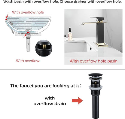 Black Gold Bathroom Faucets Waterfall Spout Basin Sink Faucet with Overflow Drain Assembly Single Handle Bathroom Vanity Sink Faucet with Deck Plate 1-3 Holes Vanity Lavatory Deck Mounted Farmhouse