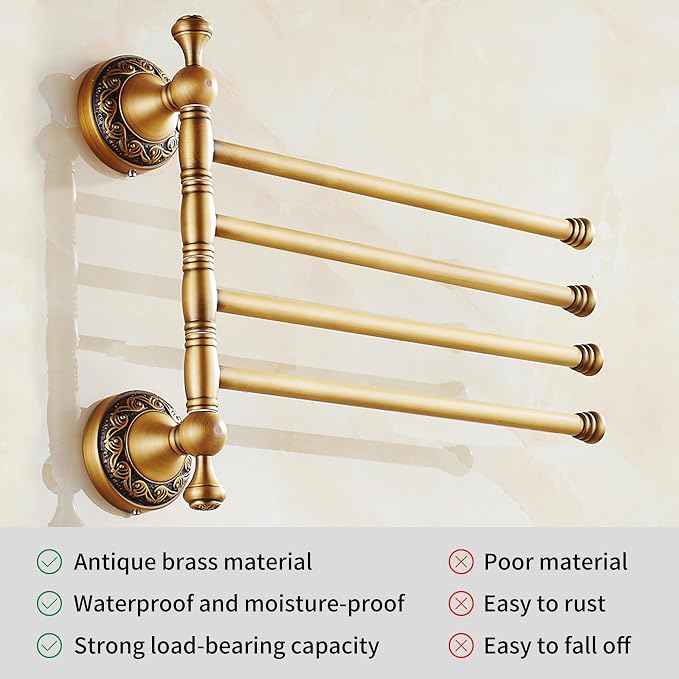 Swivel Towel Rack for Bathroom, Antique Bronze Folding 4 Arms Hand Towel Bars Towel Hanger for Laundry, Wall Mount Storage Space Saving,Pattern Carving Design