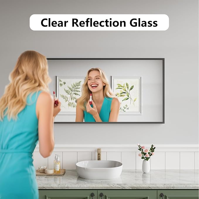 Koonmi Bathroom Mirror for Wall, 24"x48" Black Bathroom Mirror for Over Sink, Shatterproof Tempered Glass Vanity Mirror with Anti-Rust Aluminum Alloy Frame, Hang Horizontally or Vertically