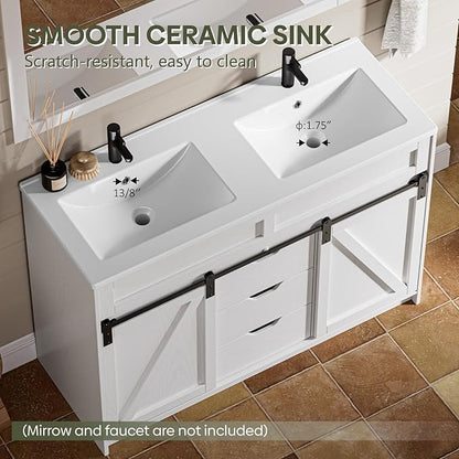 48 Inch Bathroom Vanity with Double Sink Combo, Farmhouse Bathroom Cabinet Set with Sliding Barn Door & 3 Drawers, Freestanding Bath Vanities, White