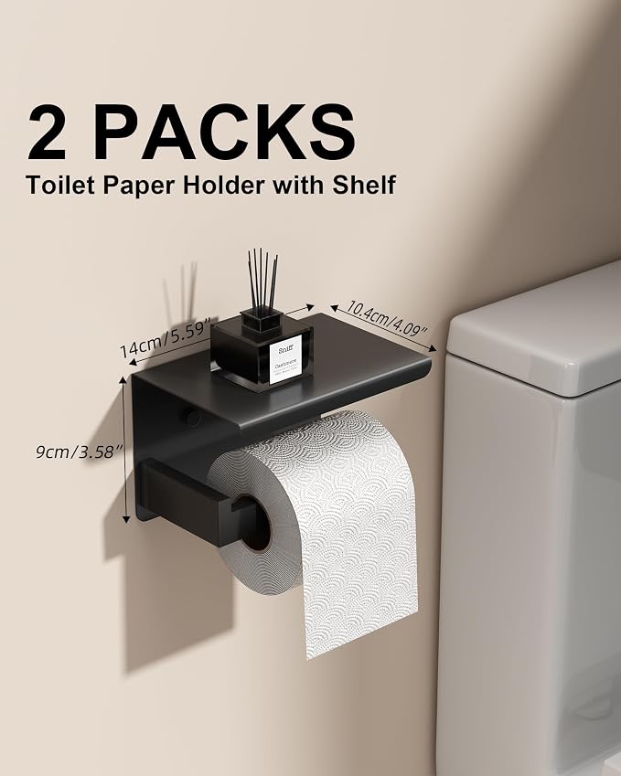 10-Piece Square Bathroom Hardware Set 24" Towel Bar X2, Toilet Paper Holders with Shelves X2, Towel Hooks X4, 2X Towel Rings X2 Bathroom Accessories (Matte Black-24inch)
