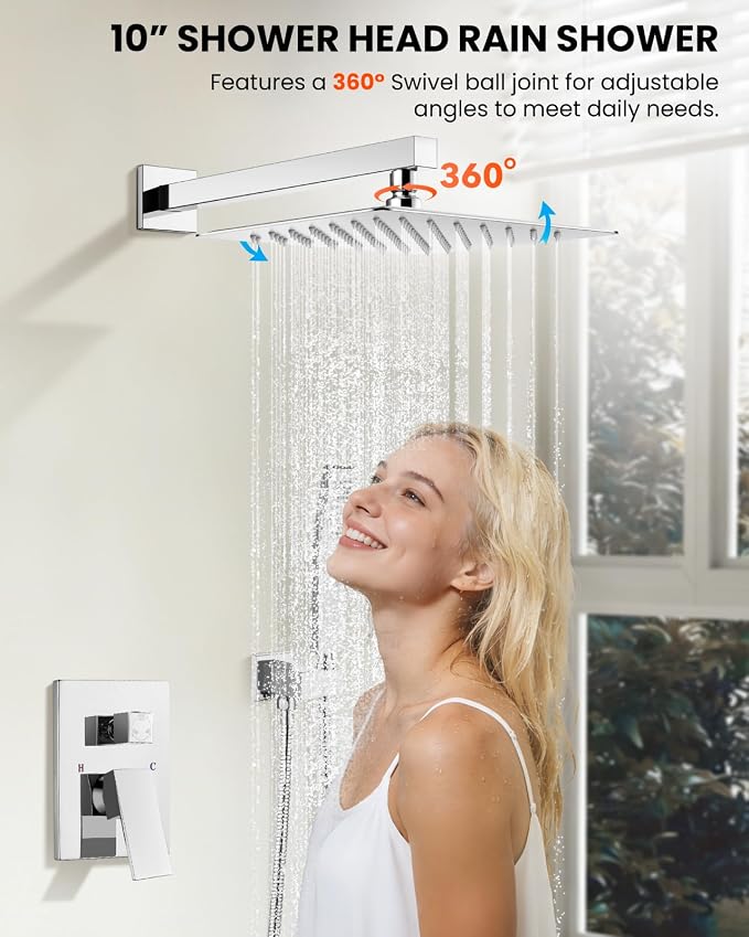 gotonovo Tub Shower Faucet Set with Valve 10'' Rain Head,Polished Chrome | Waterfall Tub Spout Shower System,Bathtub Faucet Set,SUS304 Rain Head with Handheld,Brass Valve Trim Kit,All Metal,Wall Mount