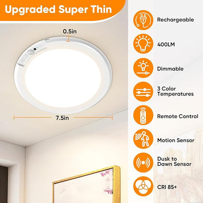 Rechargeable Motion Sensor Ceiling Light, Battery Operated Closet Light | Wireless Battery Powered LED Shower Light, Magnetic Cordless Ceiling Light with Remote, Overhead Lamp for Pantry Shed Hallway