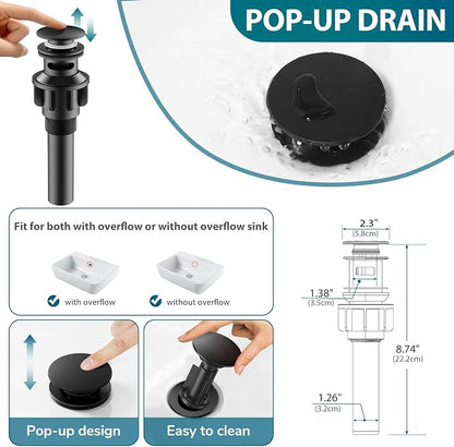Waterfall Bathroom Faucets 3 Hole, HURRAN 4 Inch Centerset Bathroom Sink Faucet with Pop-up Drain, Stainless Steel 2 Handle Modern Sink Faucet Mixer Tap for Vanity RV Restroom Basin, Matte Black