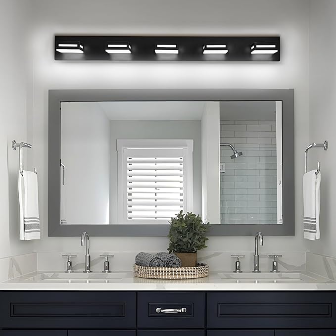 LED Modern Bathroom Light Fixtures, 5-Light 40-Inch Matte Black Vanity Lights for Bathroom Lighting Fixtures Over Mirror, 350° Rotatable Acrylic, 6000K Cool White Wall Lamp