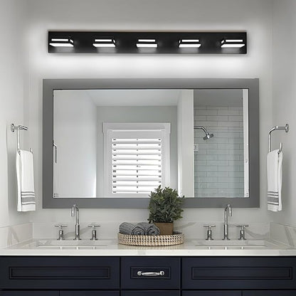 LED Modern Bathroom Light Fixtures, 5-Light 40-Inch Matte Black Vanity Lights for Bathroom Lighting Fixtures Over Mirror, 350° Rotatable Acrylic, 6000K Cool White Wall Lamp