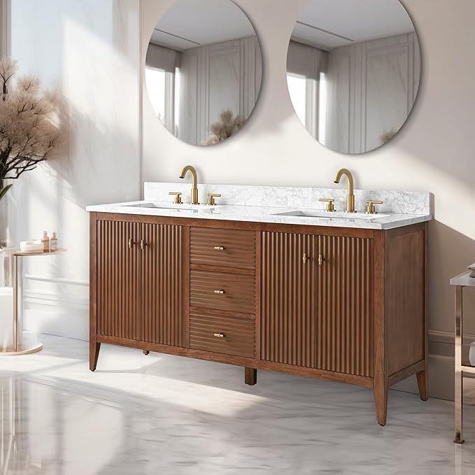 Vanity Art 60 inch Walnut Bathroom Vanity with Double Sink & Ceramic Top, Vanity Cabinet with Soft-Closing Door, Solid Wood Frame, Linear Pattern, Walnut, VA9160-DWalnut-MB,Matte Black Handles