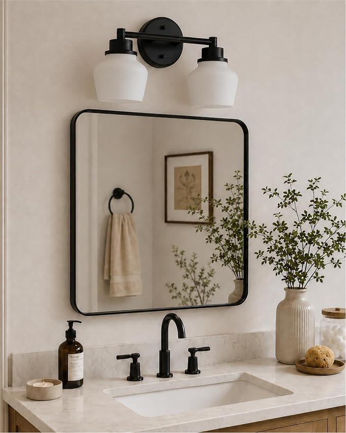 Emak 2-Light Vanity Light, Modern Farmhouse Black Bathroom Fixture Over Mirror With Milk Glass Shade, VL122-BK-ML-2