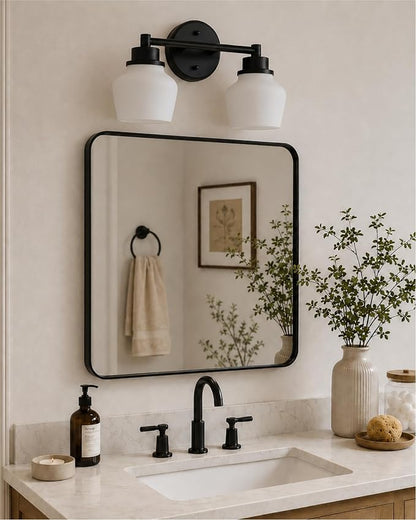 Emak 2-Light Vanity Light, Modern Farmhouse Black Bathroom Fixture Over Mirror With Milk Glass Shade, VL122-BK-ML-2