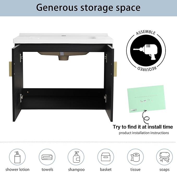 28 Inch Floating Vanity,28" Bathroom Vanity with Sink,Single Sink Wall Mounted Vanity Combo,Modern Wall Mounted Cabinet Set with Ceramic Sink,Black