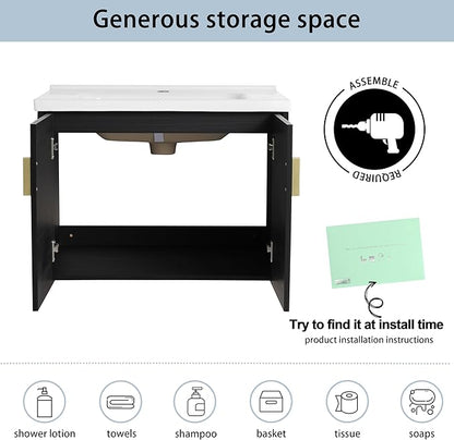 28 Inch Floating Vanity,28" Bathroom Vanity with Sink,Single Sink Wall Mounted Vanity Combo,Modern Wall Mounted Cabinet Set with Ceramic Sink,Black