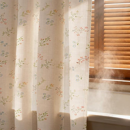 Farmhouse Floral Shower Curtain with 12 Clear Rings 72" W x 84" L | Boho Fabric Faux Linen Shower Curtain Set, Vintage Cottagecore Shower Curtain for Bathroom