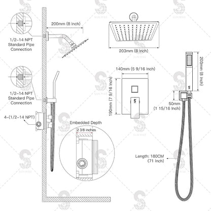 SR SUN RISE Shower System - Shower Faucet Set with 8 Inch Rain Shower Head and Handheld Shower - High Pressure Rain Shower System - All Metal Shower Faucet Trim Repair Kits - Brushed Gold