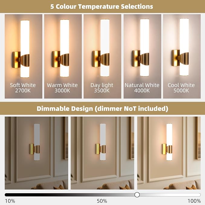 15" Gold Bathroom Vanity Lights, Wall Sconce, 2 Pack | Modern Wall Light for Bathroom Bedroom Living Room Hallway