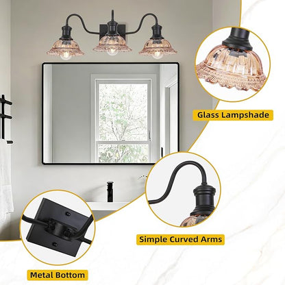 Farmhouse Vanity Lights 3-Light, Black Bathroom Light Fixtures with Amber Glass Shade, Vintage Vanity Lights Over Mirror, Farmhouse Wall Sconce for Bathroom, Vanity Table, Foyer