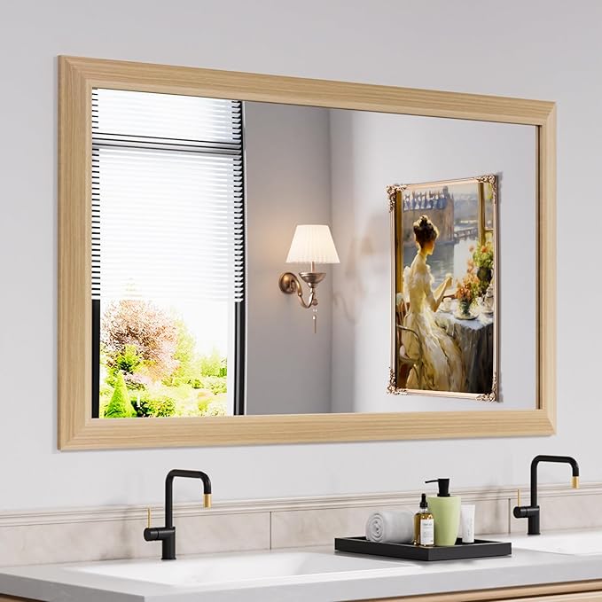 Bathroom Mirror, 50" X30" (Oak Wood Grain) | Metal Frame Mirror for Wall, HD Reflection, Anti-Rust, Horizontally/Vertically, Suitable for Bathroom, Farmhouse, Entryway
