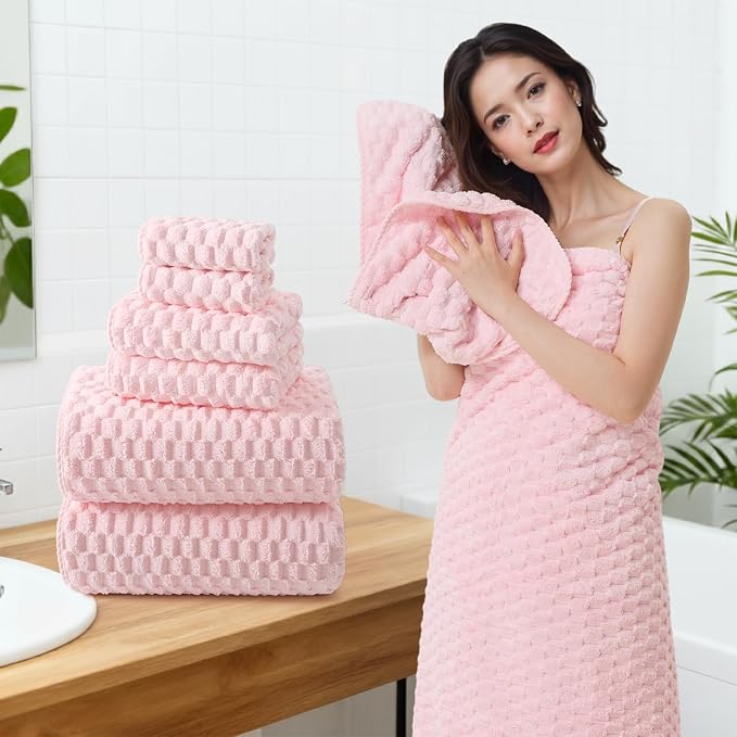 REDKISS Pink Microfiber Bath Towels Set - 35x70 Inches Oversized Bath Sheets, Extra Large Bath Towels Set for Adults, Super Soft Quick Dry Lint Free Absorbent Microfiber Shower Towels, 6 Pack