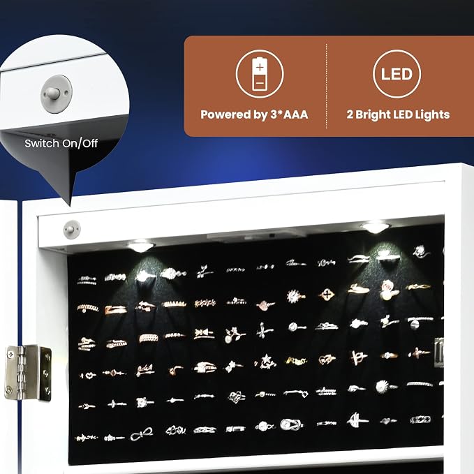 NAFORT 15 LEDs Lockable Mirror Jewelry Armoire Organizer, Christmas Gift Wall Door Mounted Storage Cabinet with Full-Length Mirror, Folding Tray,5 Storage Shelves, White