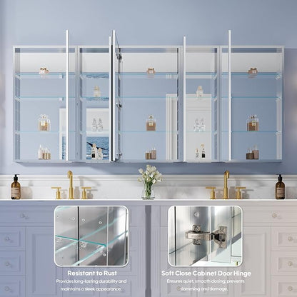 84" x 36" Bathroom Medicine Cabinet with Mirror, Anodized Chrome Aluminum Frame, Surface Mount or Recessed Medicine Cabinet with Mirror, Bathroom Mirror with Storage, Five Doors