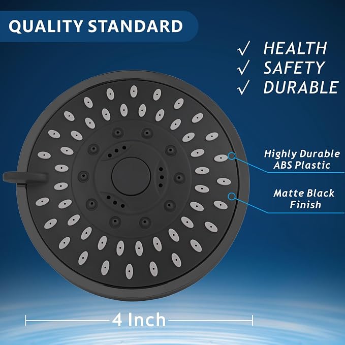 Voolan High Pressure Shower Head - 4 Inch Rain Showerhead - High Flow Bathroom Shower with 5 Spray Settings For a Luxury Showering Experience Even with Low Water Pressure (Black)