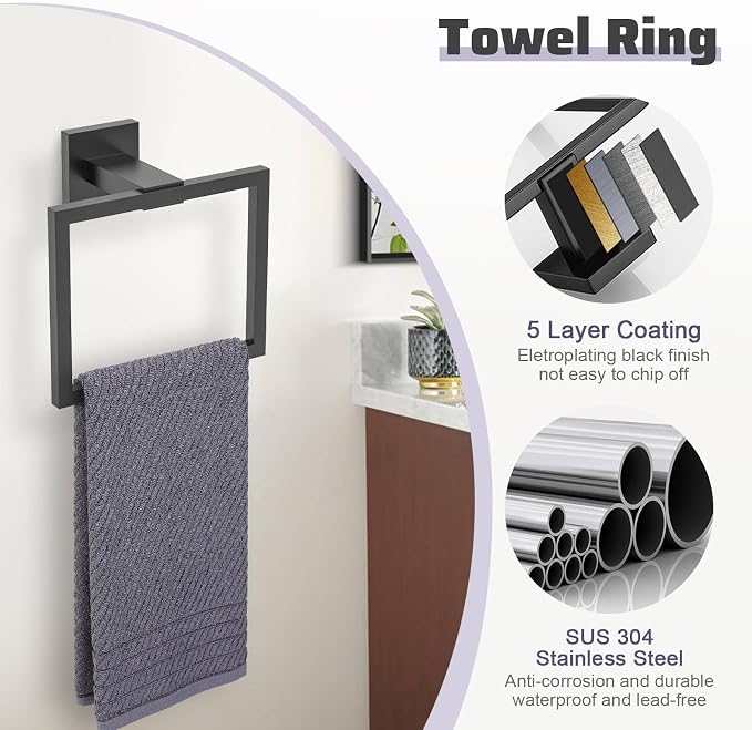 Matte Black Towel Bar Set 5-Piece Bathroom Hardware Accessories Set,23.6 Inch Modern Towel Holder Set SUS304 Stainless Steel Towel Rack Set for Bathroom,Wall-Mounted