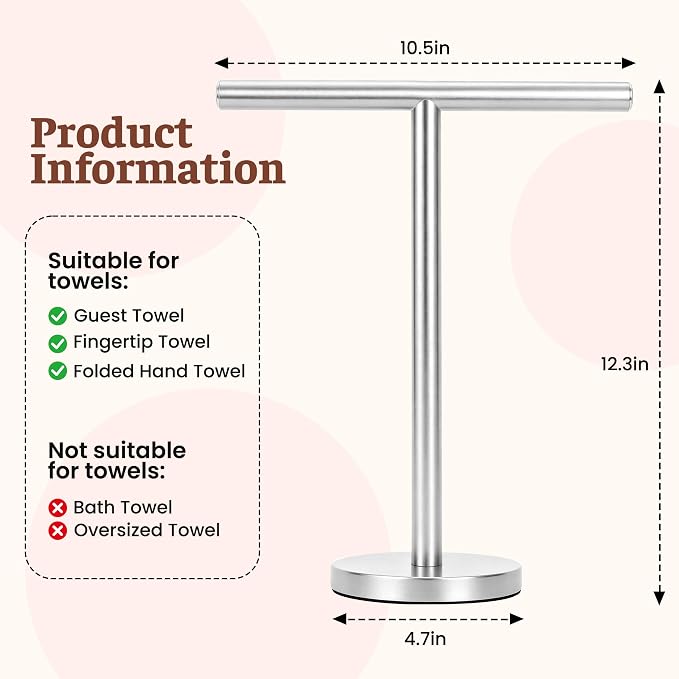 Hand Towel Holder Stand, Freestanding Bathroom Towel Rack, Silver, 2 Pack | Weighted Stainless Steel Base Helps Prevent Tipping While The Open T-Shape Keeps Towels Dry on Bathroom Countertops