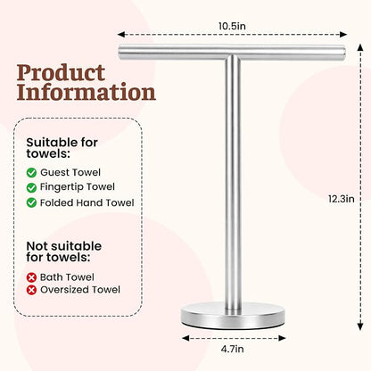 Hand Towel Holder Stand, Freestanding Bathroom Towel Rack, Silver | Weighted Stainless Steel Base Helps Prevent Tipping While The Open T-Shape Keeps Towels Dry on Bathroom Countertops